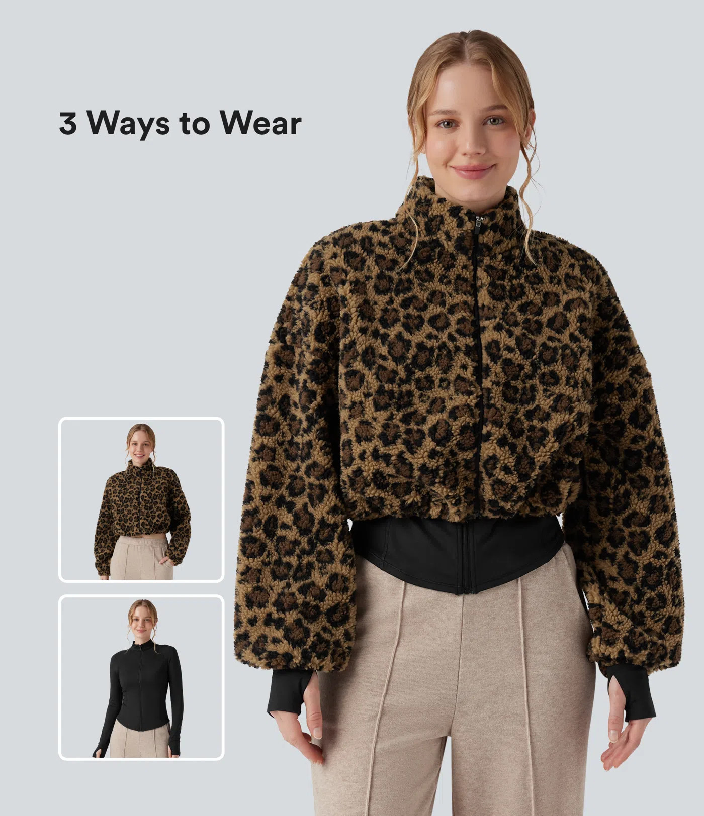 Women’s 3-in-1 Stand Collar Long Sleeve Thumb Holes Jacket & Drawstring Hem Sherpa Jacket with ... | HALARA