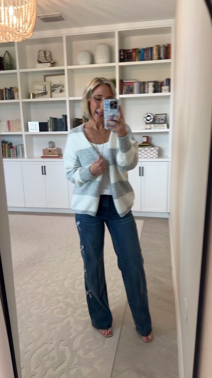 Walmart - more new arrivals under $28:  Ultra 90's Jeans w/ Bow Embroidery - size 0. $27.50. 7 colors. * White T-Shirt - size small. Striped Open Front Cardigan - size XS. $16.98. 4 colors.

#LTKSeasonal #LTKOver40 #LTKPetite