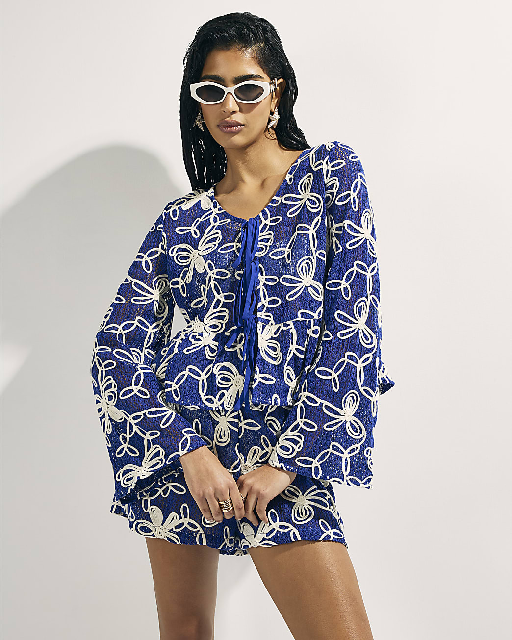Blue Cornelli Tie front Beach Top | River Island UK & IE