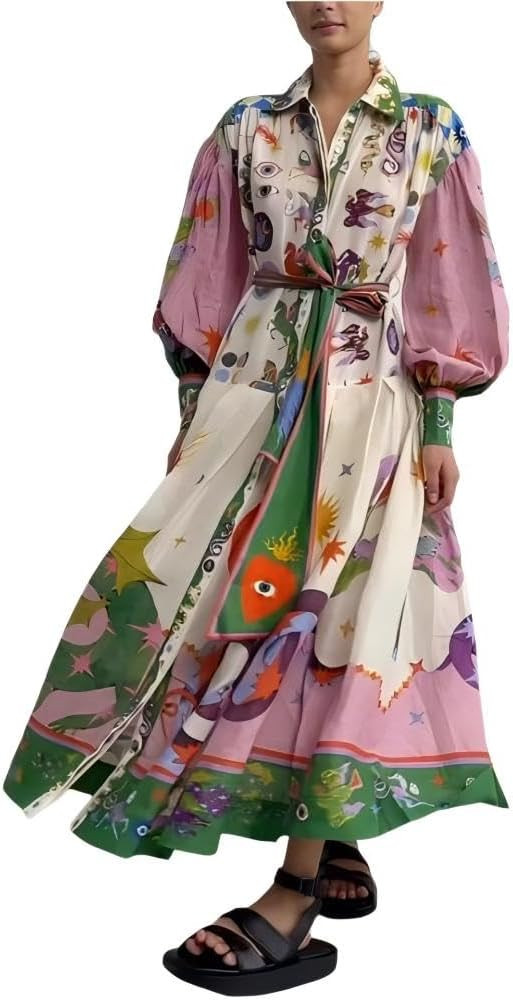 Women Long Balloon Sleeve Bohemian Floral Dresses Maxi Midi Dress Costume for Party Swing Casual ... | Amazon (US)