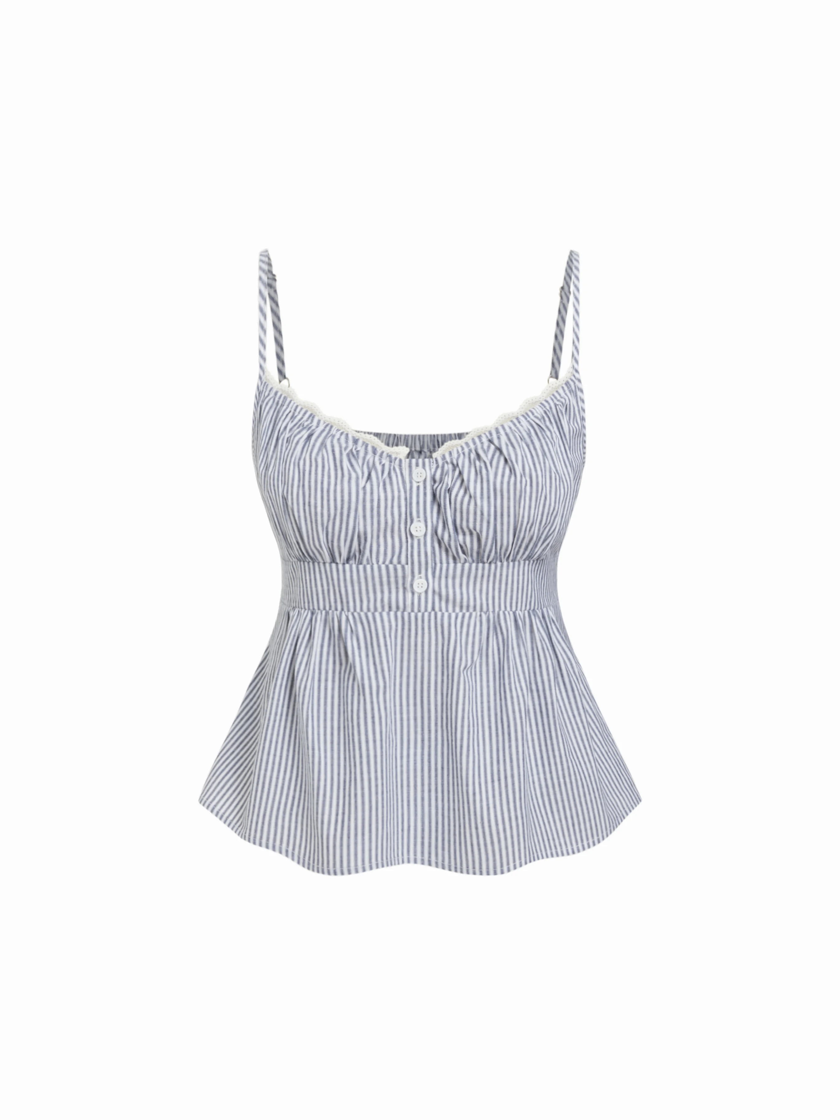 Cotton Stripe V-Neck Lace Panel Button Tie Back Peplum Cami Top | Cider