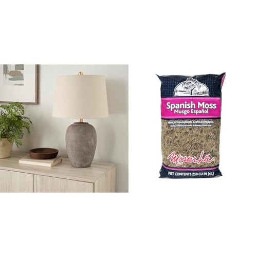 Nourison 23" Earth Brown Rustic Ceramic Jar Table Lamp for Bedroom, Living Room, Dining Room, Office, with Beige Tapered Drum Shade & Mosser Lee ML0560 Spanish Moss, 250 Cubic Inches | Amazon (US)