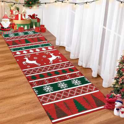 TackView Christmas Runner Rug 2' x 8', Xmas Holiday Carpet with Reindeer Snowflake and Tree Design, Washable Non Slip Floor Mat for Living Room | Target