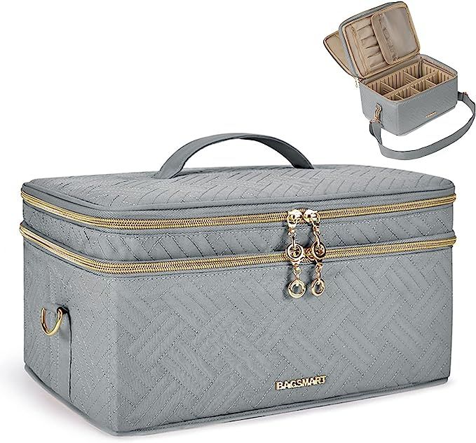 Large Makeup Bag, BAGSMART Double Layer Cosmetic Bag Travel Makeup Case Organizer with Shoulder S... | Amazon (US)