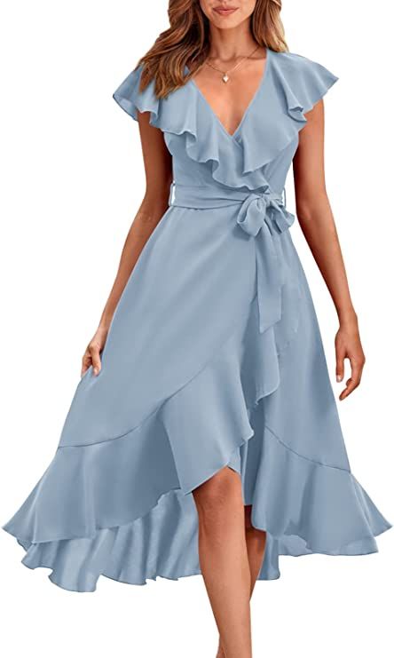 PRETTYGARDEN Women's 2023 Summer Wrap Maxi Dress Casual Boho Deep V Neck Short Sleeve Ruffle Hem ... | Amazon (US)