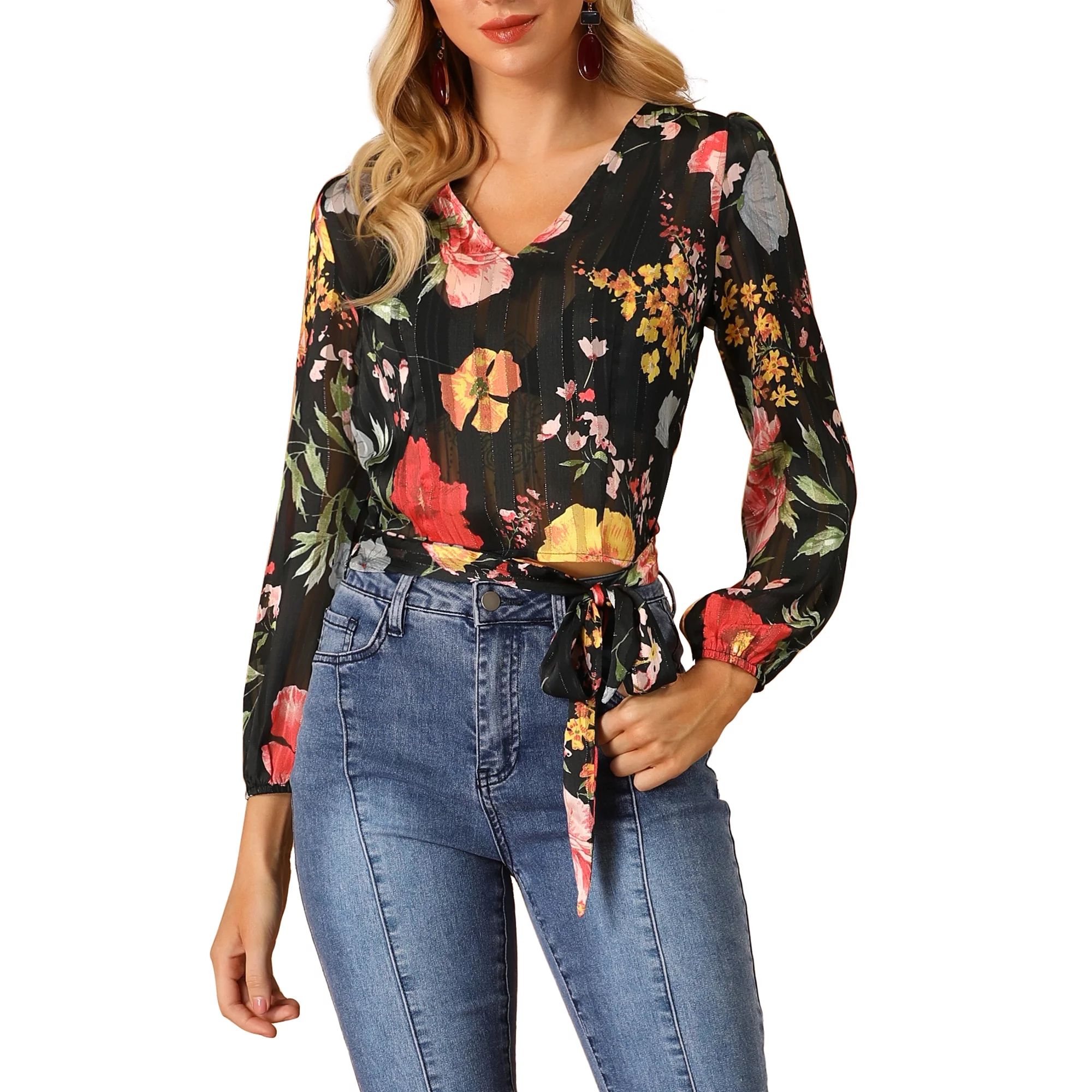 Women's Floral Print V Neck Semi Sheer Long Sleeves Tie Hem Crop Blouse Black M | Walmart (US)