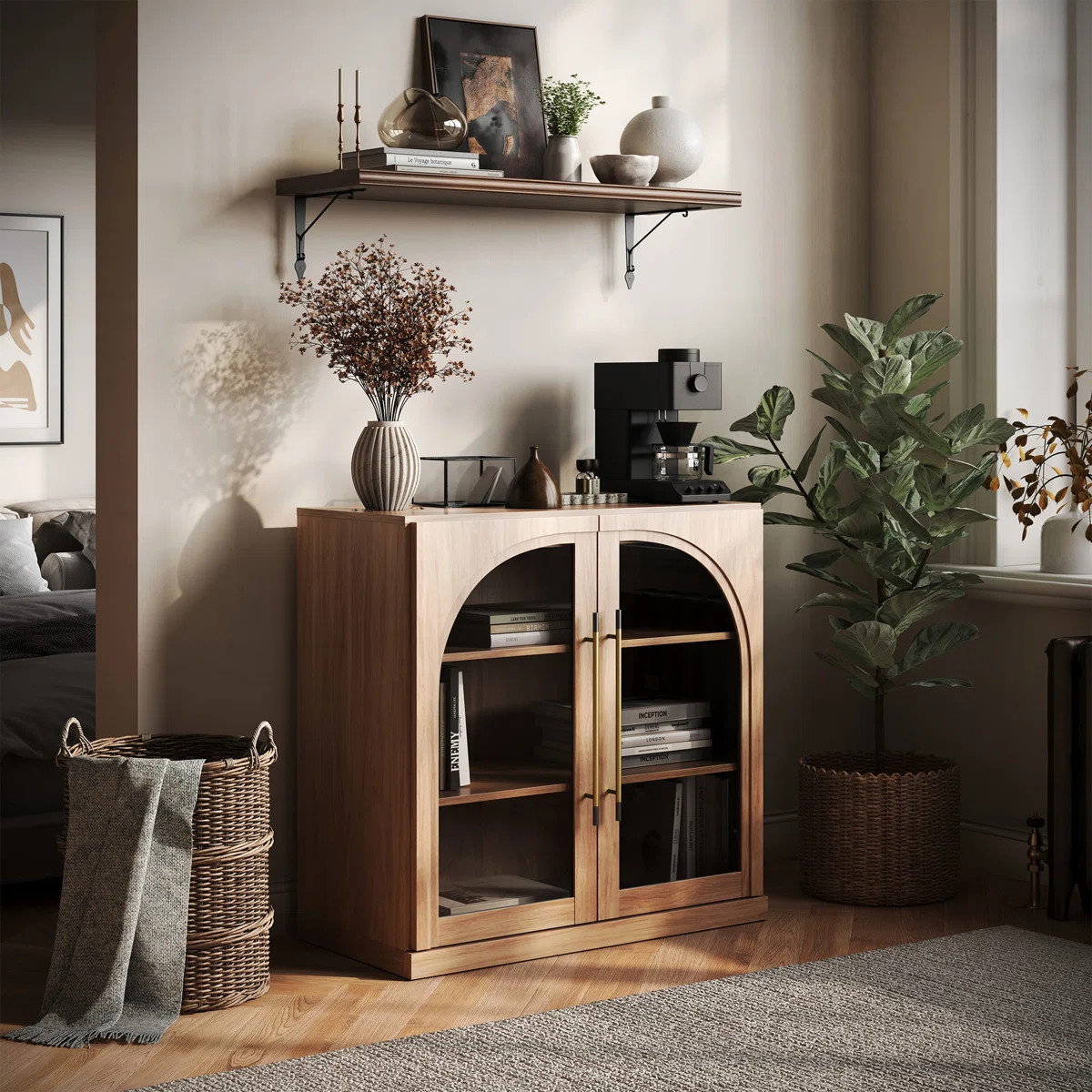 Modular Sideboard with Arched Glass Door and Adjustable Shelves, Camel | Wayfair North America