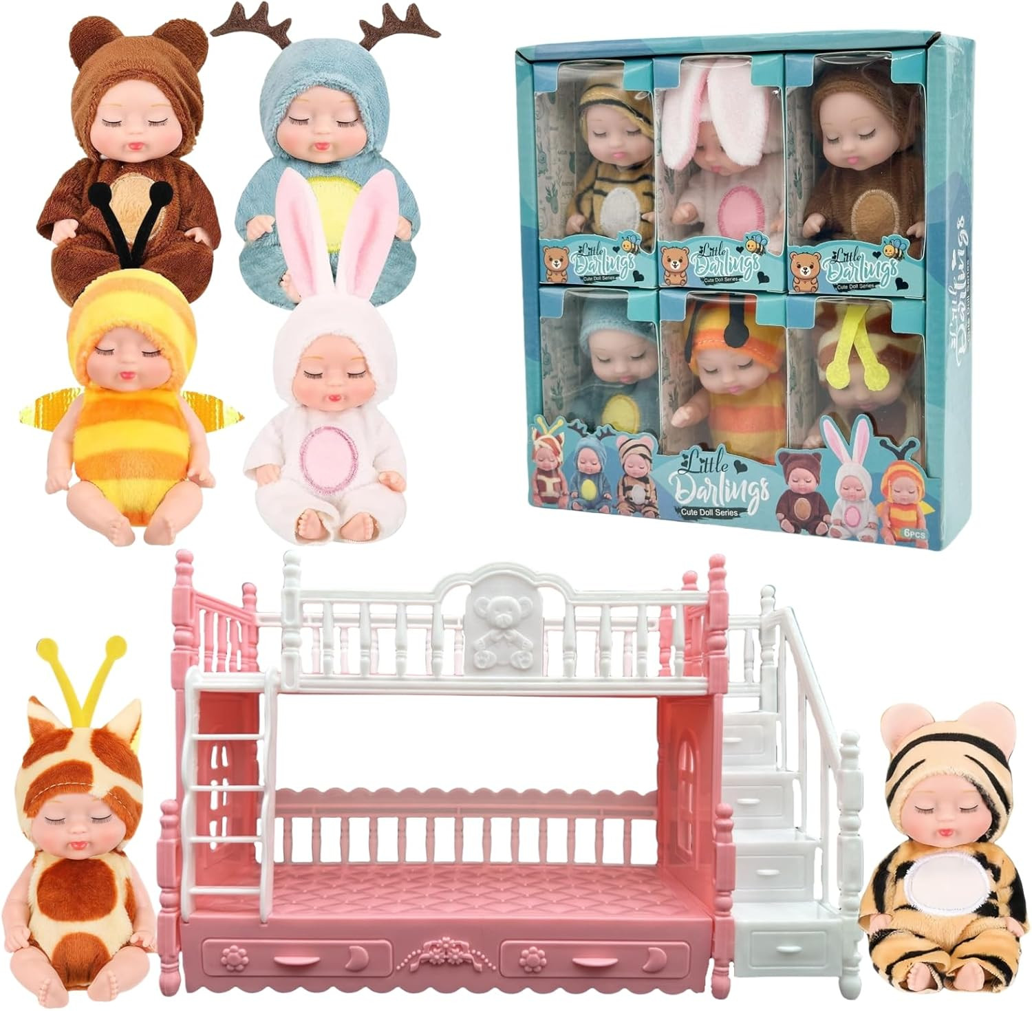 6 Pcs Adorable Mini Baby Dolls with Cute Animal Outfits & bunk Bed , Realistic Mini Babies & Doll... | Amazon (US)