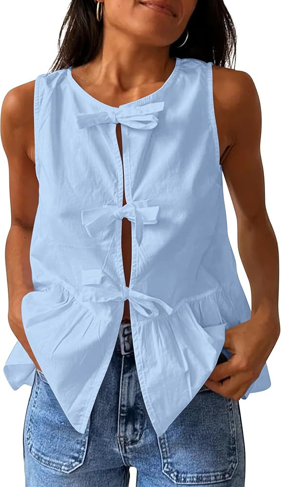 Women Tie Front Peplum Tops Bow Sleeveless Babydoll Dressy Blouse Summer Trendy Tank Tops Cute Ca... | Amazon (US)
