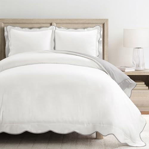 Lush Decor Coastal Chic Scalloped Edge Cotton Duvet Cover Set, 3 Piece Set, Full/Queen, Gray & White - Queen Bedding Set - White Duvet Cover Queen - Coastal Decor | Amazon (US)