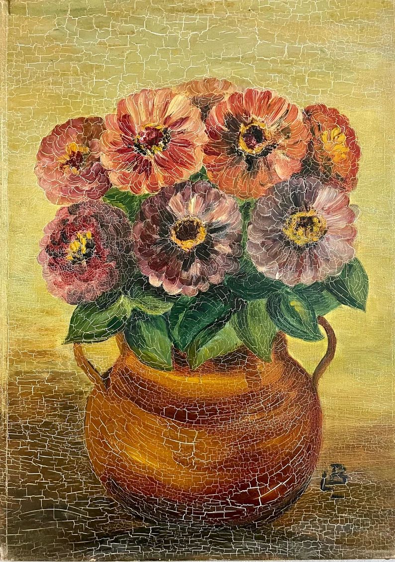 1960s French Vintage Oil Painting on Canvas. Vase of Dahlias. Floral Decoration. Still Life. - Et... | Etsy (US)