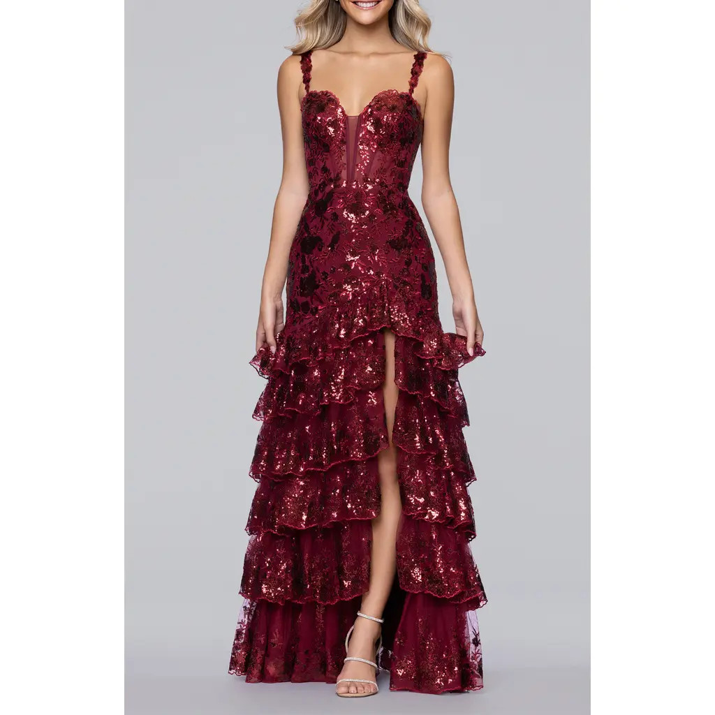 Blondie Nites Sequin Embroidered Tiered Tulle Gown in Wine at Nordstrom, Size 7 | Nordstrom