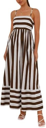chouyatou Women's Summer Striped Spaghetti Strap Maxi Dress Boho Flowy Swing Back Smocked Beach S... | Amazon (US)