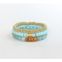 Crystal Beach Bracelet Stack // Teal Blue Turquoise Amazonite Heishi Disc Bracelets Gold Daisy Magno | Etsy (US)