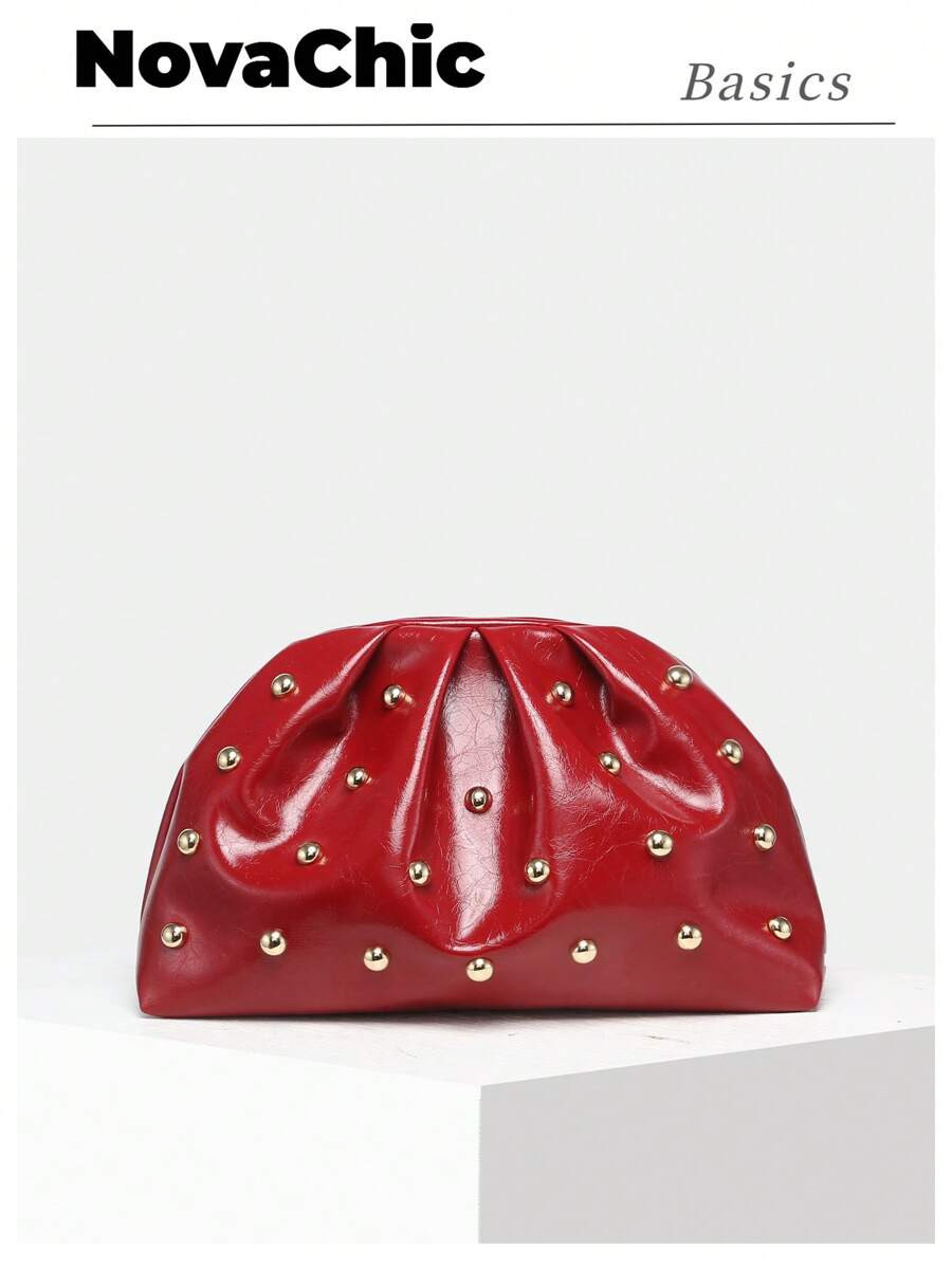 1pc Red Vintage Minimalist Rivet Decor Pleated Clutch Bag, Fashion Handbag Suitable For Daily Use... | SHEIN