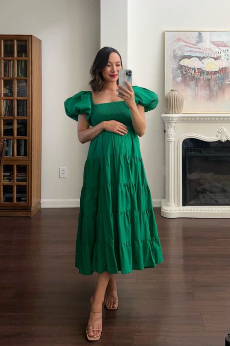 Bump-friendly green midi dress for the summer — great for a wedding guest dress or baby shower 

Dress - Wearing xs 
Strappy heels - linked to similar style 


#LTKWedding #LTKBump