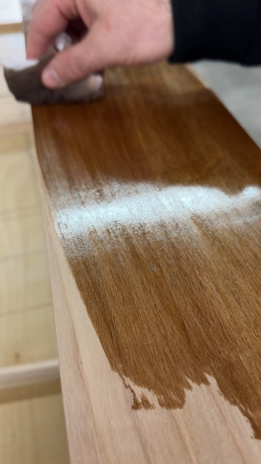 Custom stain to make this birch look rich 🤌🏼 Used equal parts of Varathane “Special Walnut” & “Golden Oak” mixed together. We applied 2 coats on this box beam mantle. Finished with a topcoat of wipe on poly to give a soft sheen. | diy, stain, wood mantle, diy furniture, wood stain, diy projects, diy mantle, Varathane, oil stain |

#LTKhome #LTKVideo