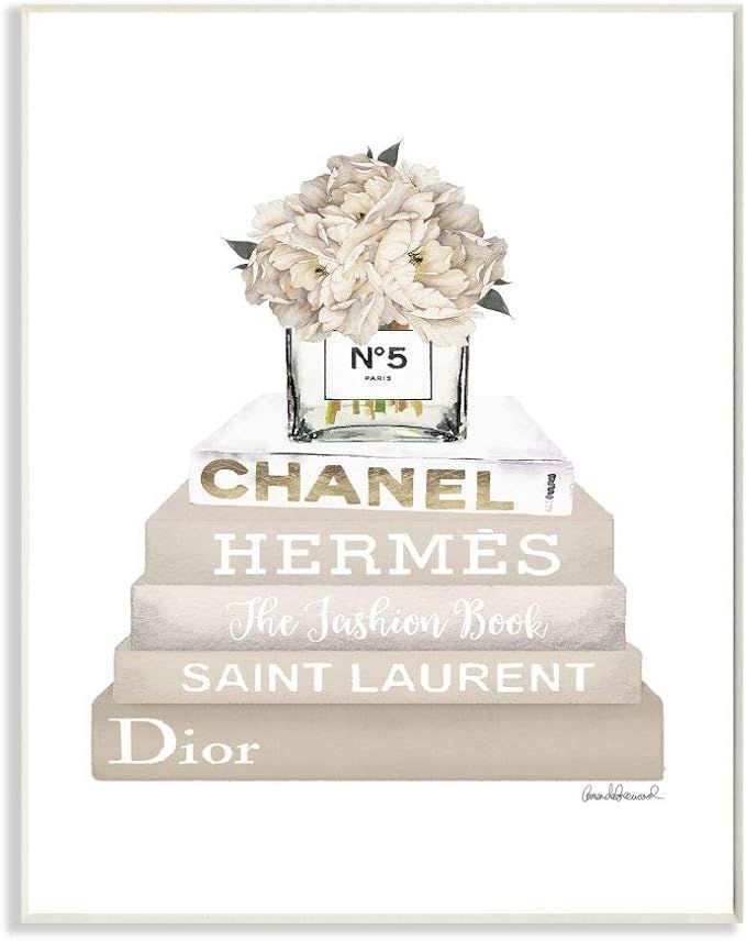 The Stupell Home Décor Collection High Fashion Bookstack with Tan Flowers Wall Plaque Art, 10 x ... | Amazon (US)