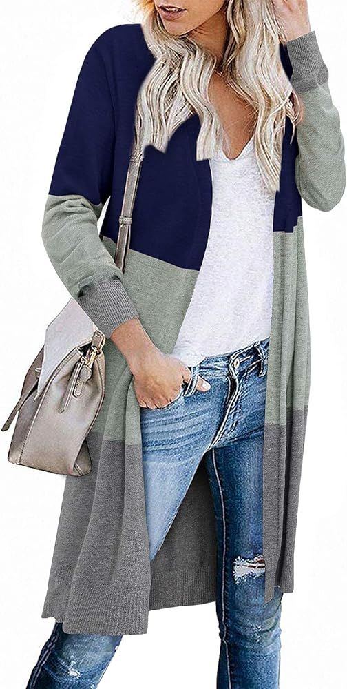 STYLEWORD Women's Open Front Cardigan Long Sleeve Color Block Knit Lightweight Sweaters Coat with... | Amazon (US)