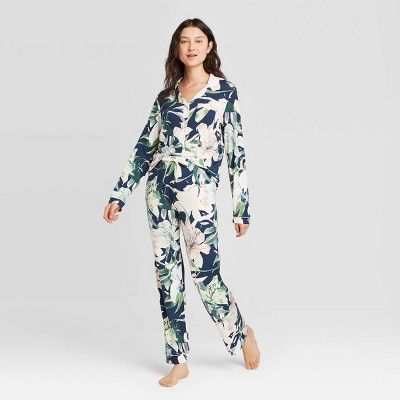 Women's Floral Print Beautifully Soft Notch Collar Pant Pajama Set - Stars Above™ Navy | Target