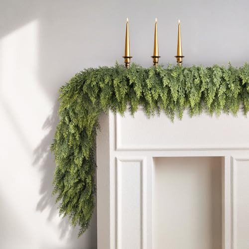 9ft Christmas Cedar Garland with Soft Thickness Pine, Artificial Green Faux Cedar Pine Garland for Mantle Fireplace Indoor Outdoor Holiday Party Home Decoration（2 Pcs） | Amazon (US)