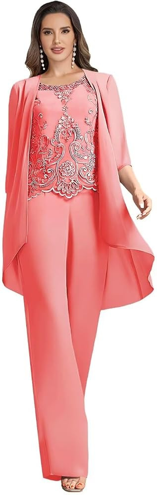 3 Pieces Mother of The Bride Pant Suits for Wedding Party Lace Chiffon Pant Suits Dressy for Wome... | Amazon (US)