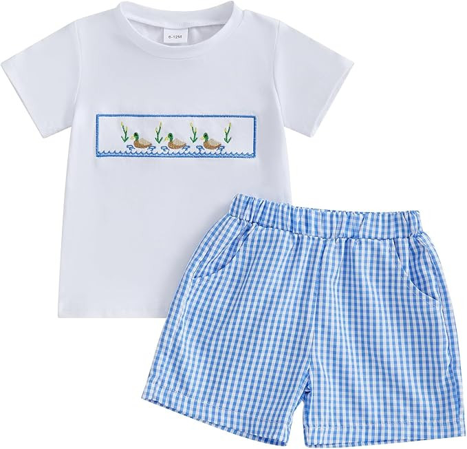 Toddler Baby Boy Summer Clothes Tree/Duck/Shark Short Sleeve Embroidery T-shirt Striped Shorts Se... | Amazon (US)