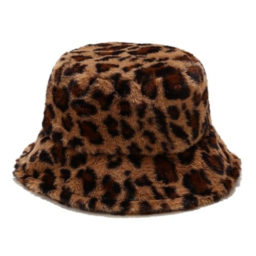 Quanhaigou Winter Faux Fur Bucket Hat,Fuzzy Warm Hat for Women Men, Fluffy Fisherman Cap (Leopard Camel) | Amazon (US)