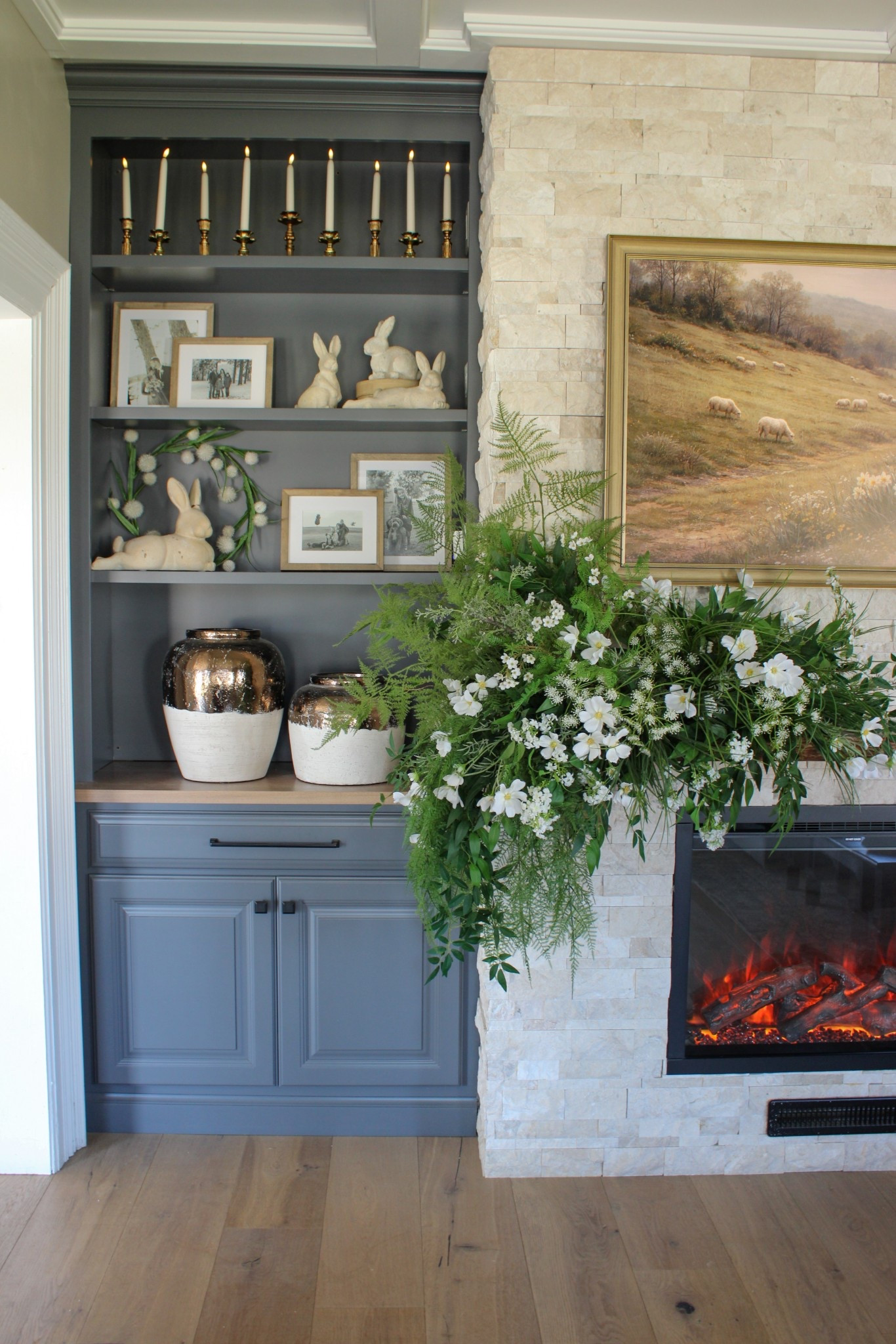 Traditional Living Room Shelf Decor. Spring Shelf Styling | Neutral Rabbits | Resin Bunnies | Easter Decor | Realistic Floral Stems | Samsung Frame TV | Deco TV Frame |

#LTKHome #LTKSeasonal