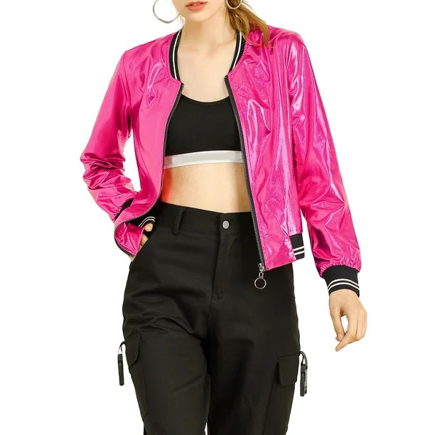 Allegra K Juniors Halloween Costume Casual Stand Collar Metallic Zip Crop Length Bomber Jacket | Walmart (US)