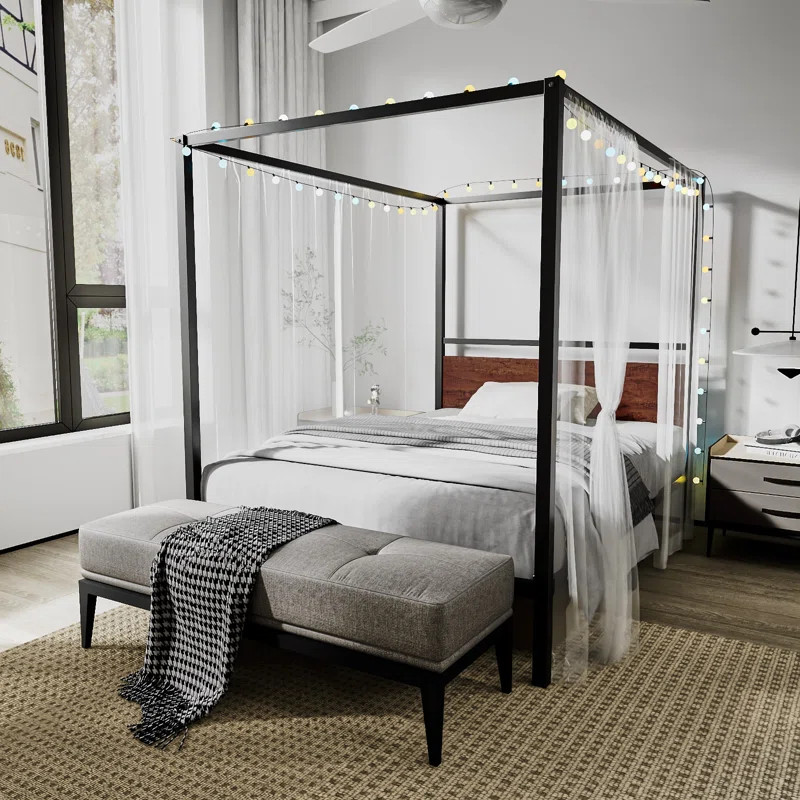 Metal Canopy Bed Frame with Wooden Headboard | Wayfair North America