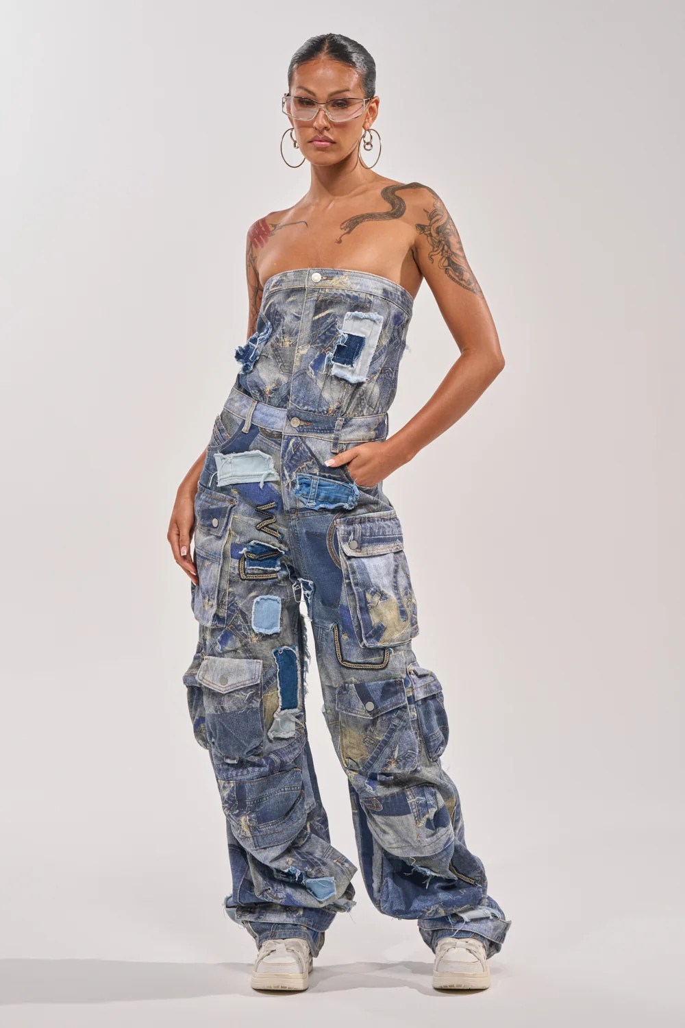 PATCHWORK DENIM ON DENIM JUMPSUIT | AKIRA