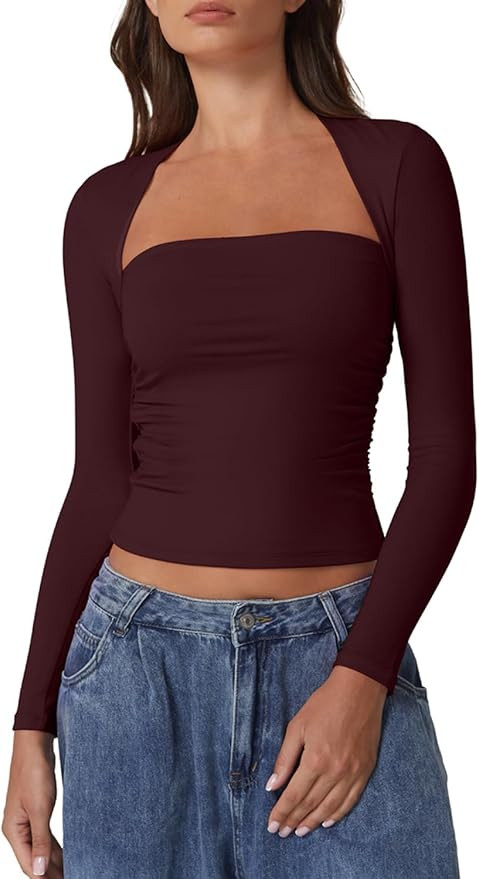 QINSEN Long Sleeve Square Neck Tops for Women Double Lined Side Ruching Going Out Shirts Basic Te... | Amazon (US)