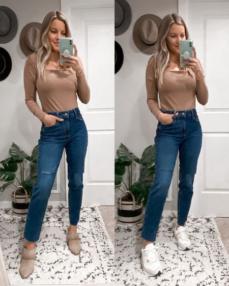Ribbed Square-Neck Bodysuit with straight-leg jeans. Sneakers or heeled mules?! The heels definitely elongate my petite figure.

Size S bodysuit & 2 short jeans

#petitestyle #petite

#LTKstyletip #LTKunder50