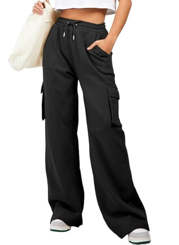 Aleumdr Womens Cargo Sweatpants 2026 Fall Trendy Tall Baggy High Waisted Sweats Pants Athletic Trousers with Pockets Black Medium | Amazon (US)