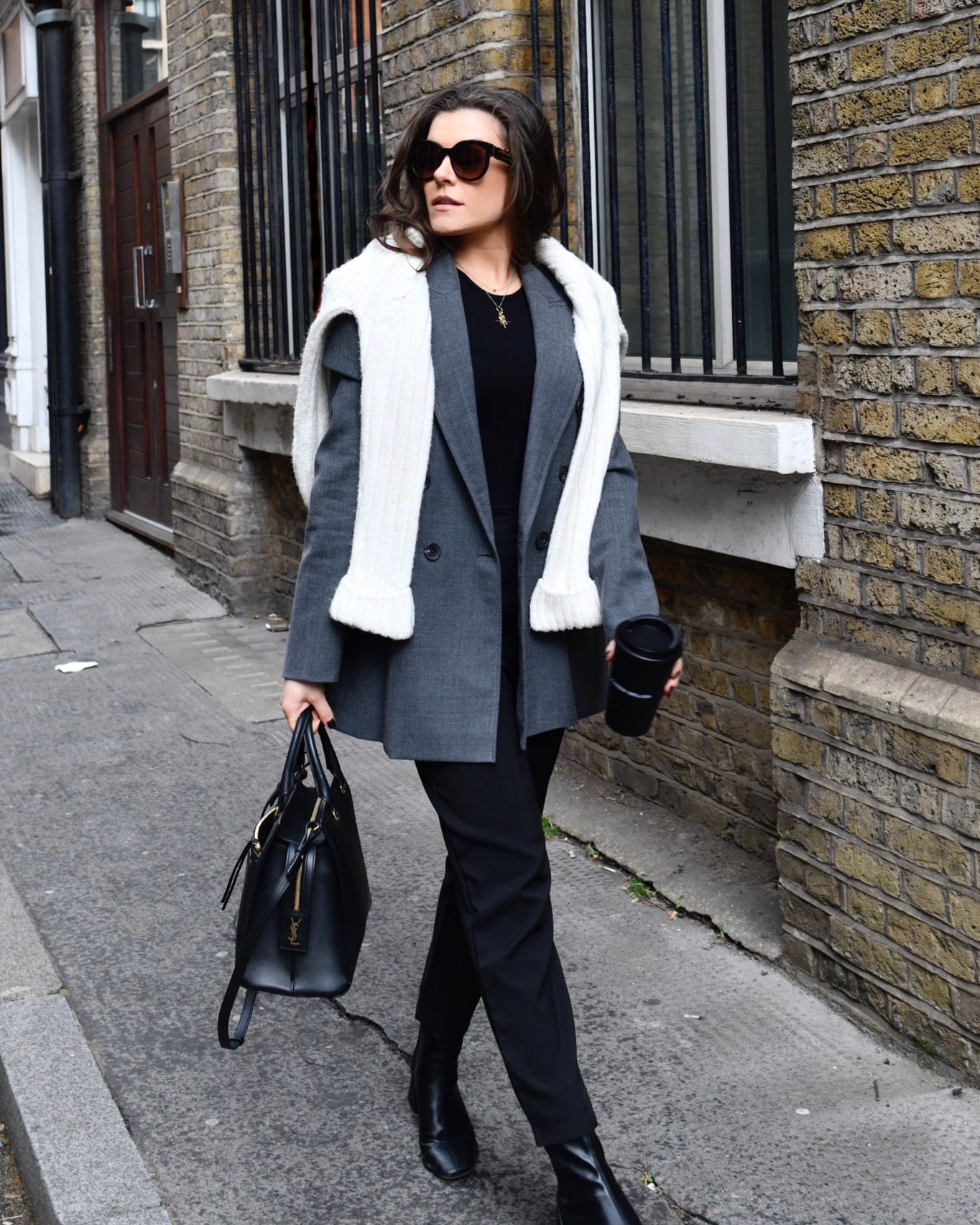 Softening workwear, charcoal blazer, blazer, jacket, oversized, oversized blazer, knitwear, knitted jumper, black trousers, black top, gold necklace, Chanel, YSL, Saint Laurent, Karen Millen, Burberry, sunglasses, black boots, heeled boots, leather boots, spring wear, Street wear, work wear 

#LTKeurope #LTKstyletip #LTKSeasonal