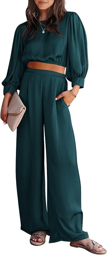 PRETTYGARDEN Women's 2 Piece Satin Outfits Casual Puff Sleeve Crop Tops and Long Palazzo Pants | Amazon (US)