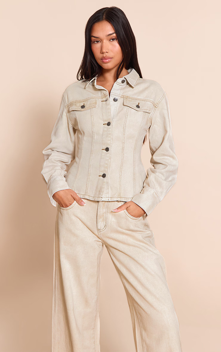 Washed Stone Long Sleeve Cinch Waist Denim Jacket | PrettyLittleThing US