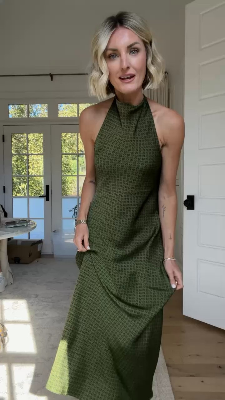 #anthropartner @Anthropologie  The perfect fall olive green 🫒 Love the halter neckline and subtle print on this maxi dress, so easy to dress up or down. Wearing size small

#LTKootd #LTKSeasonal