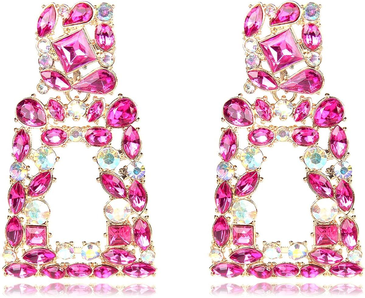 Amazon.com: Rhinestone Rectangle Dangle Earrings for Women Sparkly Crystal Geometric Drop Stateme... | Amazon (US)