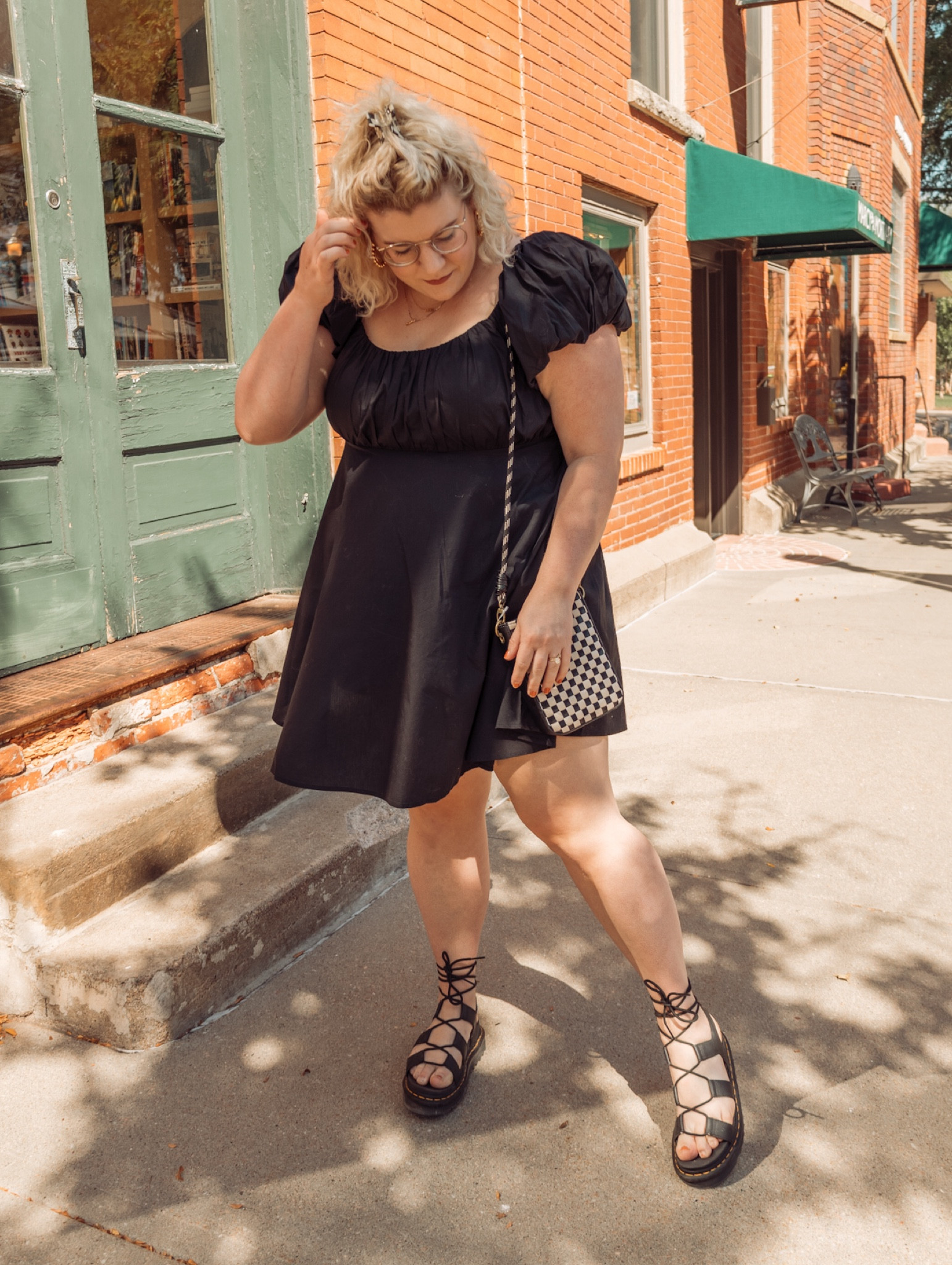 Little black dress with Dr Martens nartilla sandals and target checkered bag #midsize #size16 #size18 #midsizestyle #lbd #drmartens 

#LTKmidsize #LTKsalealert #LTKcurves
