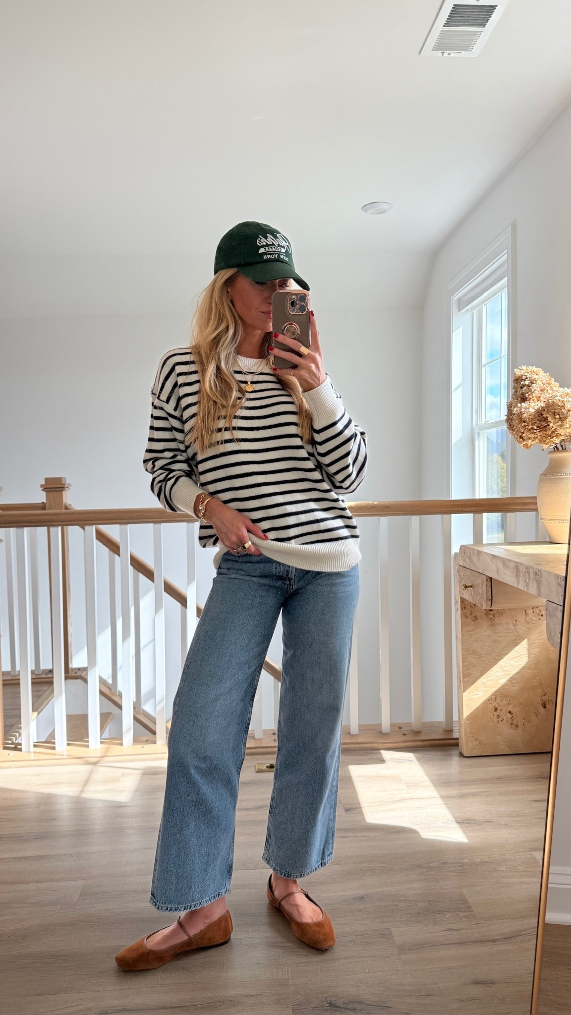 Casual fall outfit. Striped sweater + jeans + green hat + trench coat. 
Sweater: wearing size small 
Jeans: run TTS
Flats: so comfortable. Run TTS. 

#LTKStyleTip #LTKHoliday #LTKSeasonal
