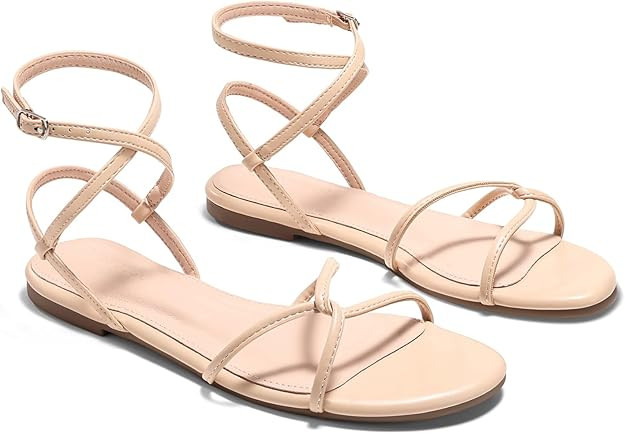 Coutgo Womens Flat Sandals Strappy Open Toe Cross Lace Up Ankle Strap Summer Dressy Beach Shoes | Amazon (US)