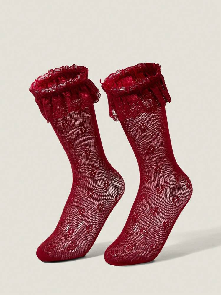 Muvela Elegant Vintage Red Lace Women Mid-Calf Socks | SHEIN