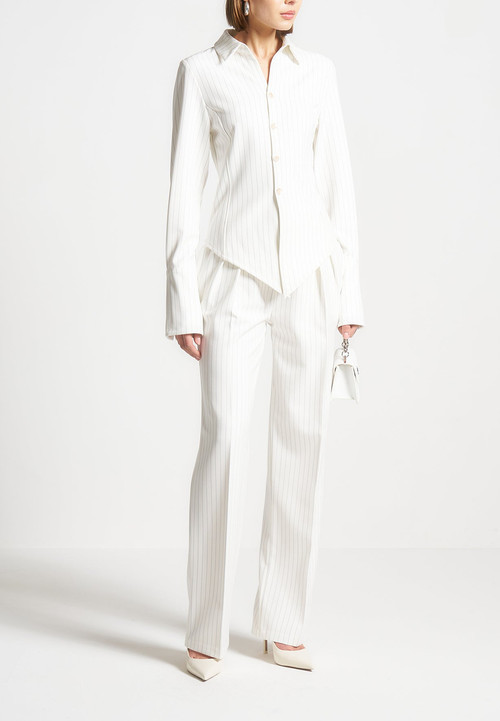 Manière De Voir Julie Pinstripe Twin Pleat Tailored Trousers in White at Nordstrom, Size 0 | Nordstrom