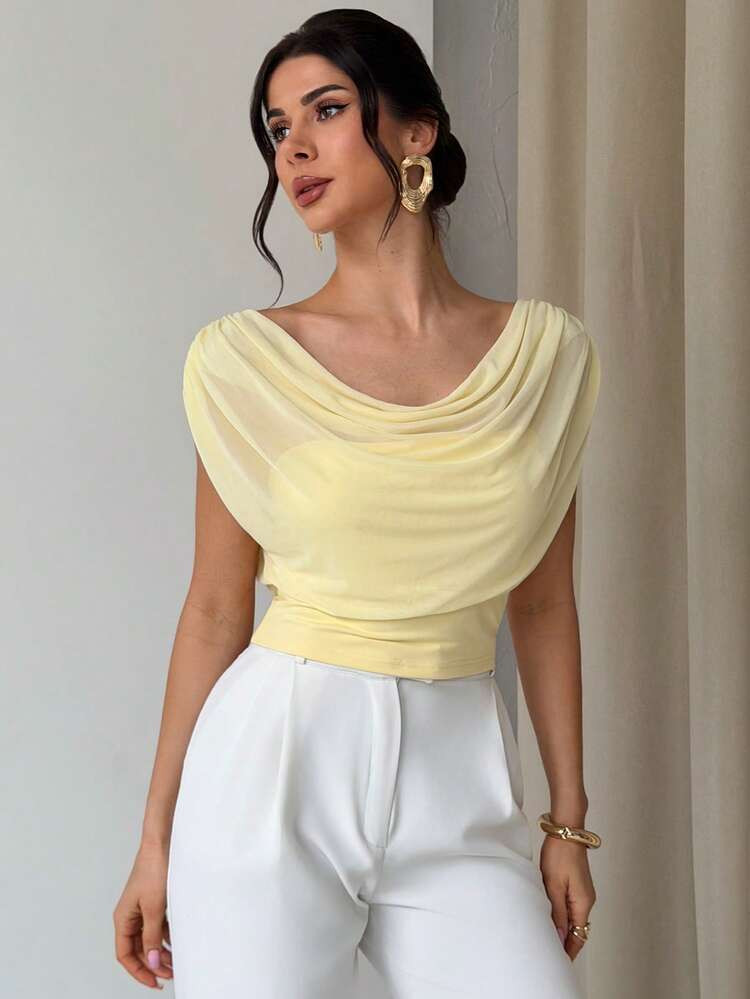 Women's Elegant Casual Commute Vacation Romantic Date, Pale Yellow Mesh Ruffle Collar Slim Fit T-... | SHEIN
