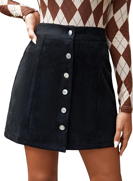 SheIn Women's Casual Button Front Solid Suede A-Line Short Skirt | Amazon (US)