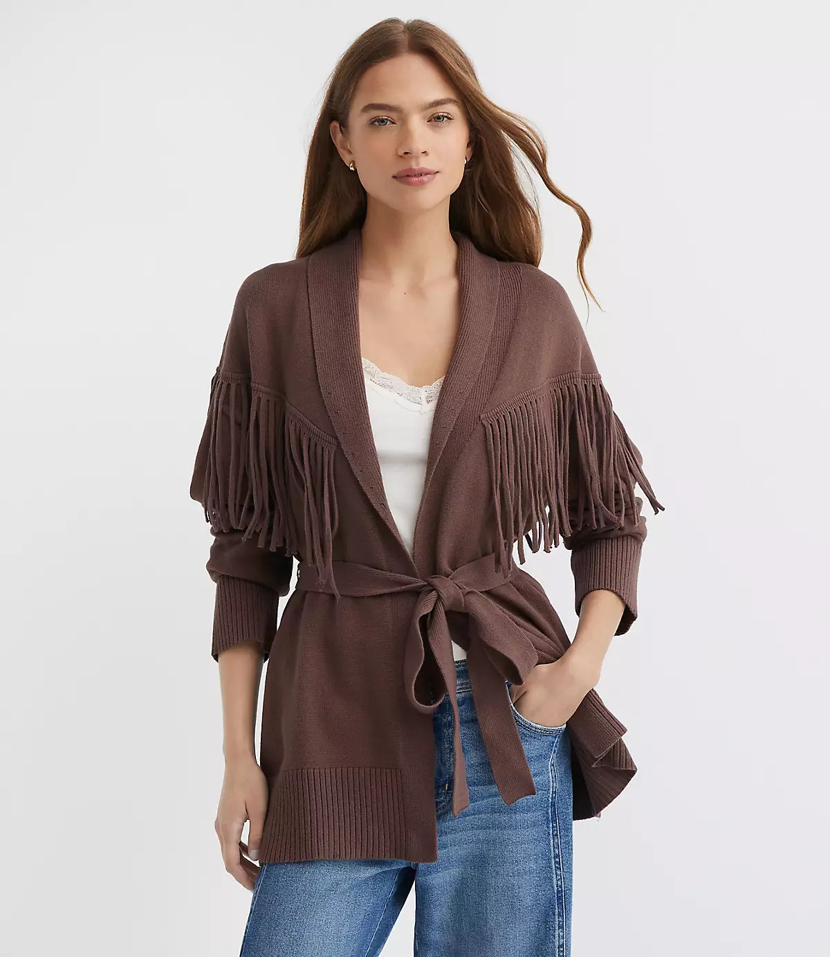 Fringe Belted Cardigan | LOFT