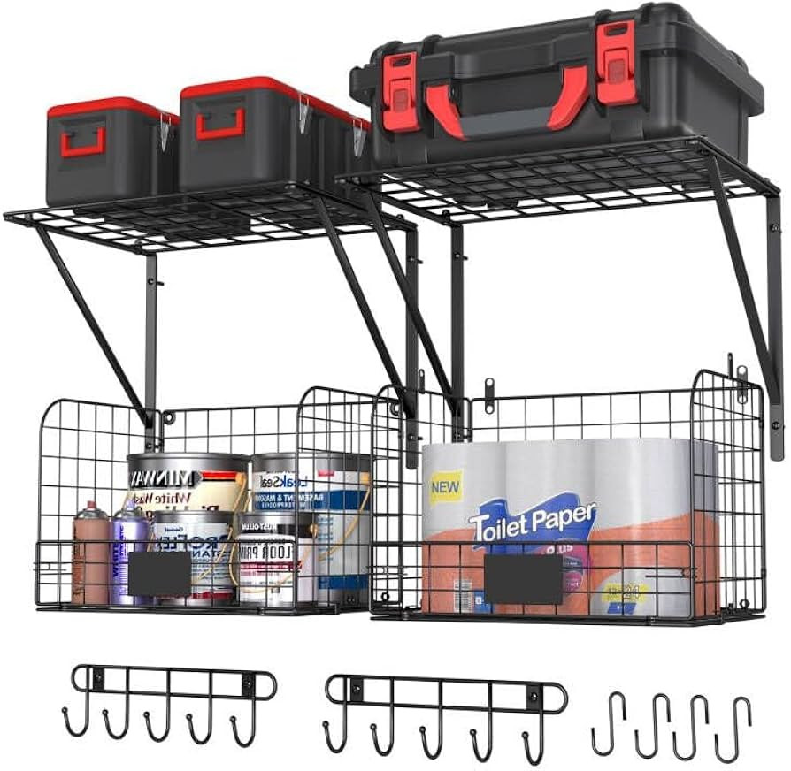 ThreeHio 2 Pack Garage Shelves Wall Mounted with Wire baskets, Heavy Duty Garage Wall Shelving wi... | Amazon (US)