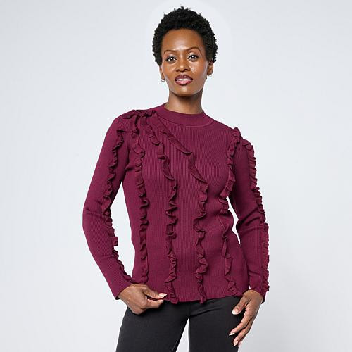 Nina Leonard Mock Neck Long-Sleeve Ribbed Sweater - Purple - Size 2X | HSN